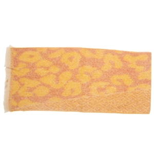 Detail of soft leopard print scarf with orange and yellow fringes and jacquard texture