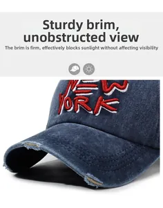 Close-up of New York embroidery and distressed brim on vintage navy baseball cap