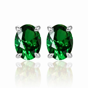 925 silver oval earrings with deep green faceted zircon and four-prong setting