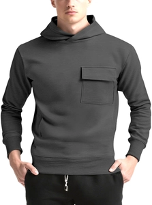 Detail of solid dark grey hoodie with a large utility chest pocket and knit texture
