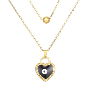 Elegant gold double-layered necklace featuring a heart-shaped Evil Eye pendant and gold bead