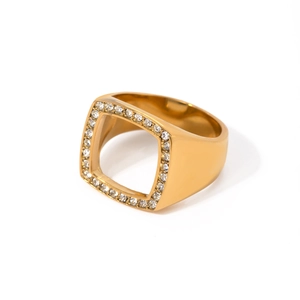 Minimalist 18k gold plated square hollow ring with sparkling crystal pave setting