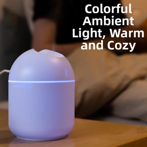 Close-up of the white spherical mini USB humidifier with a glowing blue LED light ring