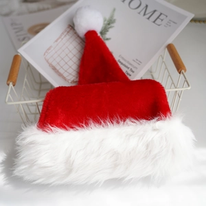 Plush Christmas hat with thick white faux fur trim and pompom for holiday party decor