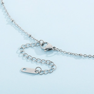 Close-up of silver stainless steel necklace showing the lobster clasp and extension chain