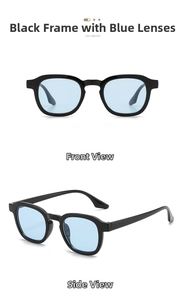 Front and side views of vintage thick black frames with translucent blue lenses