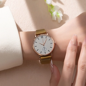 Women's rose gold quartz watch with Milanese magnetic strap and starry sand dial