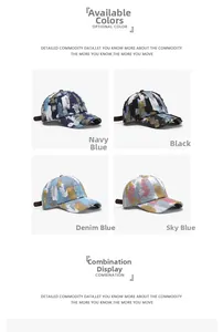 Detailed grid view of distressed denim baseball caps in four vintage color options