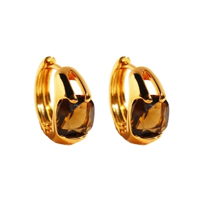 Elegant gold earrings featuring cushion-cut brown emerald zircon stones on white background