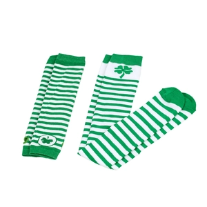 Detail of green and white striped Saint Patrick's Day socks and arm warmers with clover