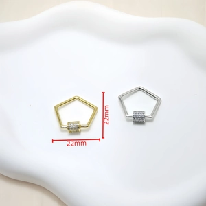 Detailed view of 22mm pentagon zircon screw clasps in gold and silver finishes