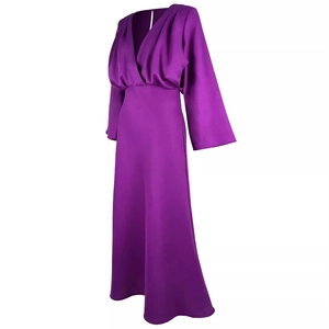 Elegant deep purple long sleeve V-neck maxi dress with waisted design and flowy sleeves