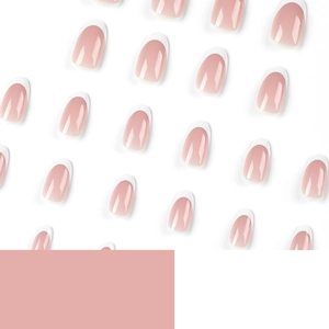 Classic white French tip press-on nails with oval shape and glossy nude pink base