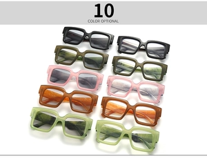 Matrix display of ten fashionable square blue light glasses in various translucent colors