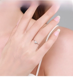 Close-up of minimalist S925 sterling silver ring with six-prong set round zircon stone