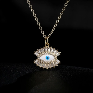 18K gold plated copper necklace with evil eye pendant and sparkling cubic zirconia stones