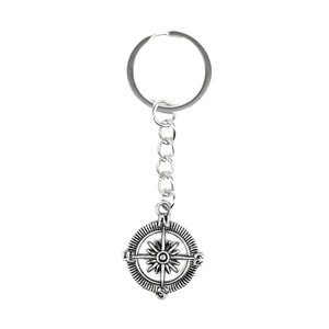 Retro silver nautical compass keychain with engraved cardinal directions for car bags