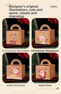 Detail of four kraft paper Christmas gift boxes with reindeer and Santa Claus patterns