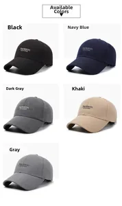 Collection of six-panel cotton baseball caps in black, navy, grey, and khaki colors