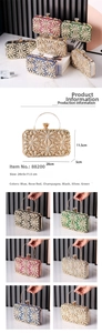 Detailed size specifications and color options for luxury floral rhinestone evening clutch