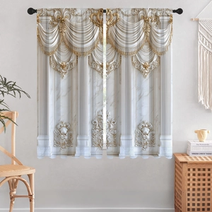 Detail of 3D curtains featuring white marble pillars and golden baroque patterns