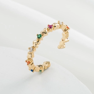 Elegant 18K gold plated open ring with colorful zircon stones in a geometric heart design