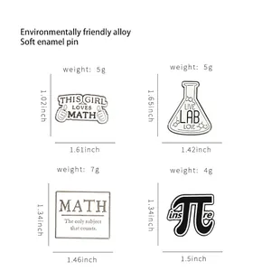 Math series alloy pins collection showing science slogans and laboratory bottle badges