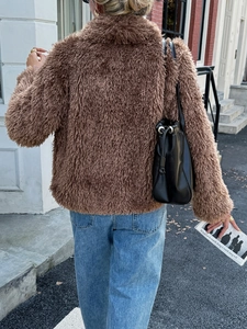 Women's casual brown faux fur long sleeve coat with street style autumn fashion look