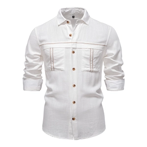 Men's white cotton linen long sleeve shirt with double chest pockets and dark buttons