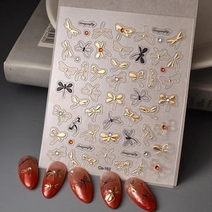 Nail Art Stickers Gold Stamping Rhinestone Embossed Dragonfly Butterfly Bow Design Waterproof DIY Manicure Decals For Women