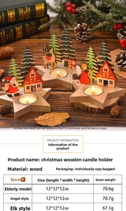 Detailed view of Christmas wooden candle holders with Santa, angel, and deer motifs