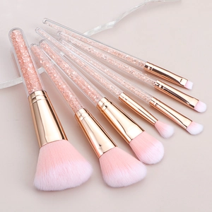 7-piece professional pink makeup brush set with crystal beads in clear handles