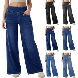 Damen High Waisted Wide Leg Jeans Baumwolle Polyester Denim Lose Passform Elastischer Bund Washed Casual Streetwear Retro Chic