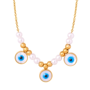 Vintage 18k gold plated evil eye pendant necklace with white pearls and gold beads