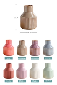 Detailed size chart for minimalist ribbed ceramic vases in glossy and matte finishes