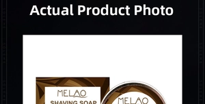 Detailed view of MELAO shaving soap in its metal tin and packaging box for men