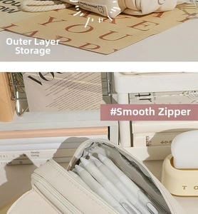 Detail showing the multi-layer storage and smooth zipper of the cream canvas pencil case