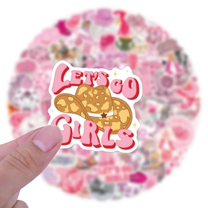 Pink disco girl stickers with cowboy hat and LET'S GO GIRLS text for laptop and luggage