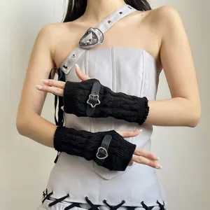 Y2K punk black knit fingerless arm sleeves with heart and star metal buckle straps