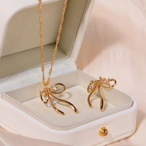 Bowknot Pendant Necklace And Earrings Vintage Copper Gold Plated Zircon Elegant Jewelry For Women