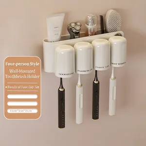Wall-mounted cream white toothbrush holder with 4 cups and storage shelf for bathroom
