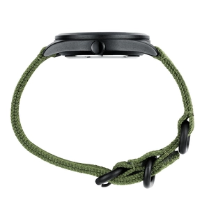 Military sport watch with black matte case and army green nylon strap on white background