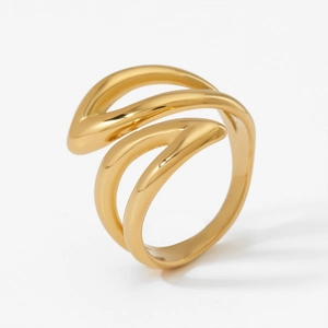 Polished 18K gold-plated stainless steel layered wave open ring for women