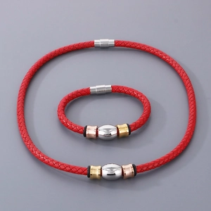 Braided Genuine Cowhide Leather Bracelet Necklace Stainless Steel Magnetic Clasp Multi-Tone Beads Minimalist Punk Fashion