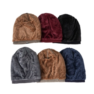 Detail view of winter beanies in six colors with thick plush lining for thermal warmth