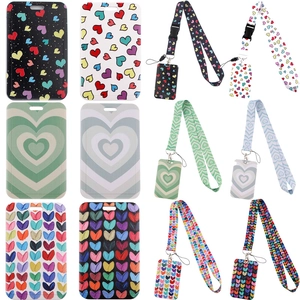 Collection of heart-patterned card holders with polyester lanyards in six colors
