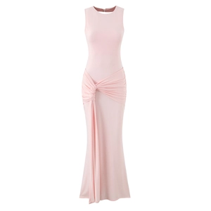 Elegant sleeveless pink slim fit maxi dress featuring a stylish waist tie knot detail