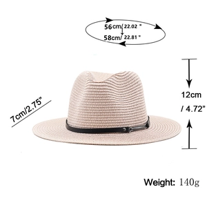 Classic beige straw jazz hat with black belt and size labels showing 56-58cm brim dimensions