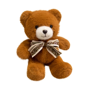 Brown plush teddy bear with striped bow tie, soft stuffed animal toy for kids' comfort