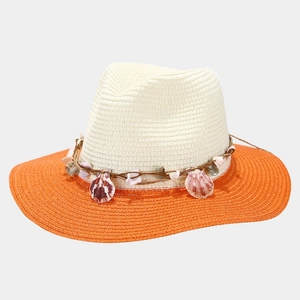Straw sun hat with cream crown, orange wide brim and natural seashell decorative accents